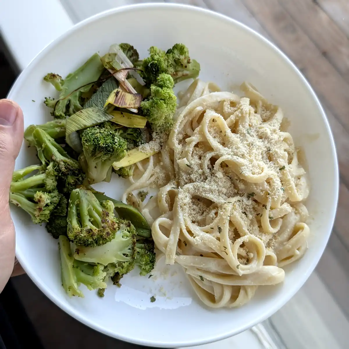 Fettuccine Alfredo Topped with New Parmesan & Parsley with Broccoli & Leeks